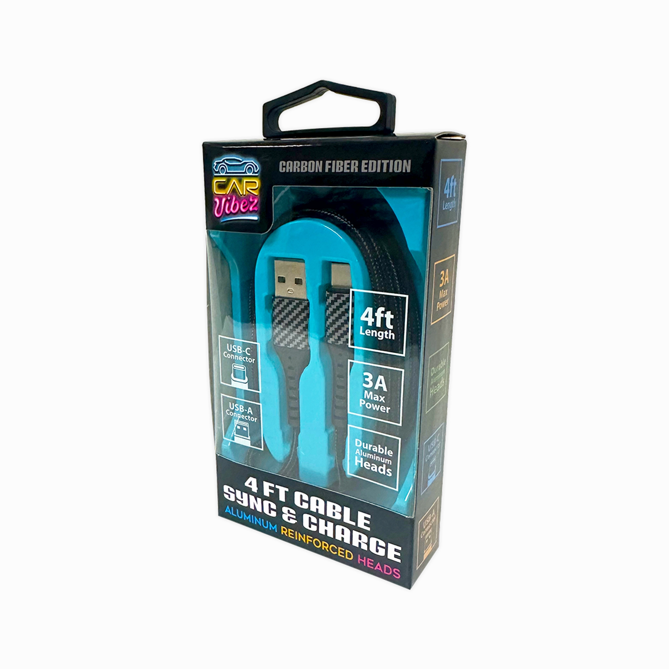 Charging Cable Carbon Fiber USB to USB-C 4FT 3 Amp - 3 Pieces Per Pack 24575