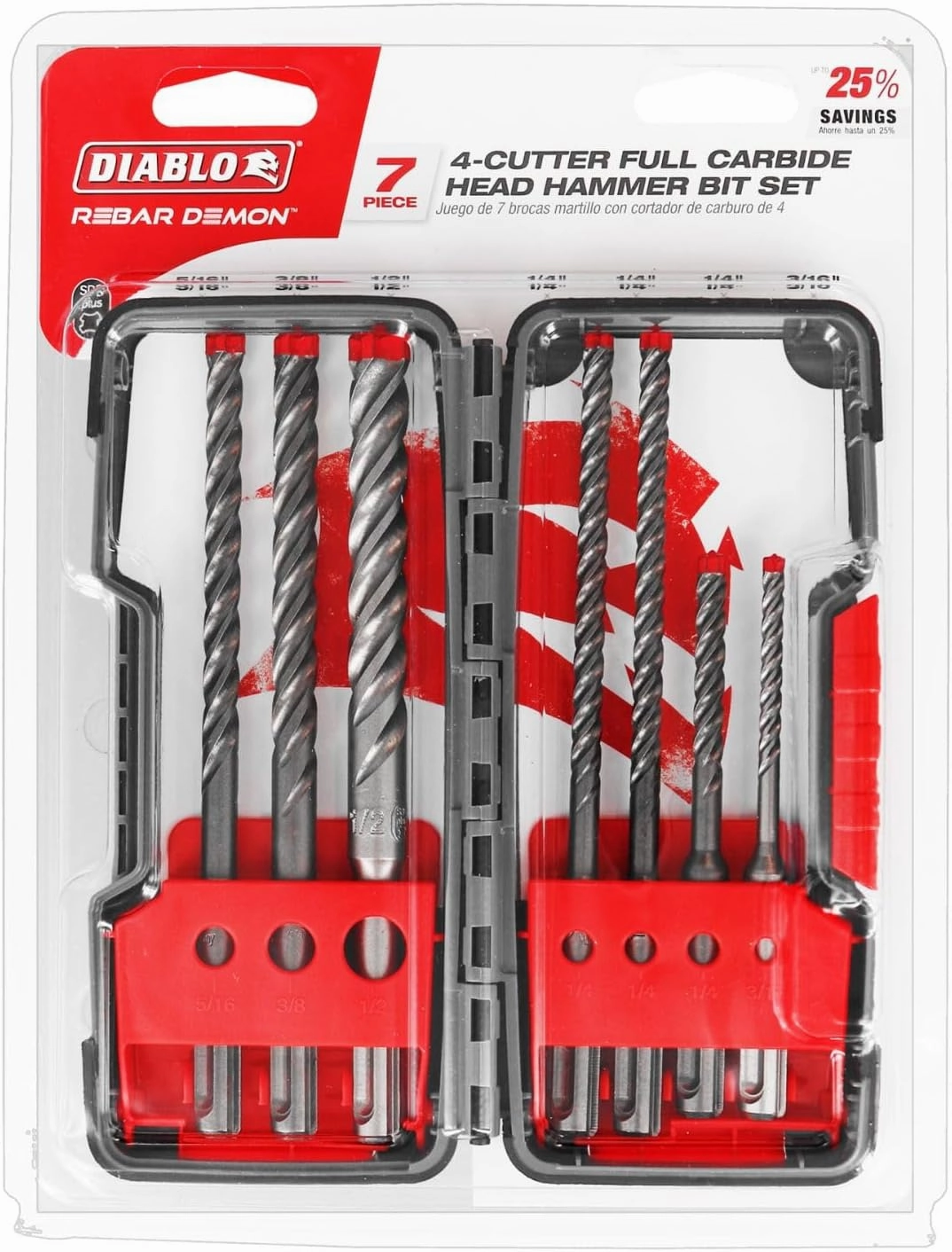 DIABLO DMAPL9920-S7 - 7pc Rebar Demon™ SDS-Plus 4-Cutter Full Carbide Head Hammer Bit Set