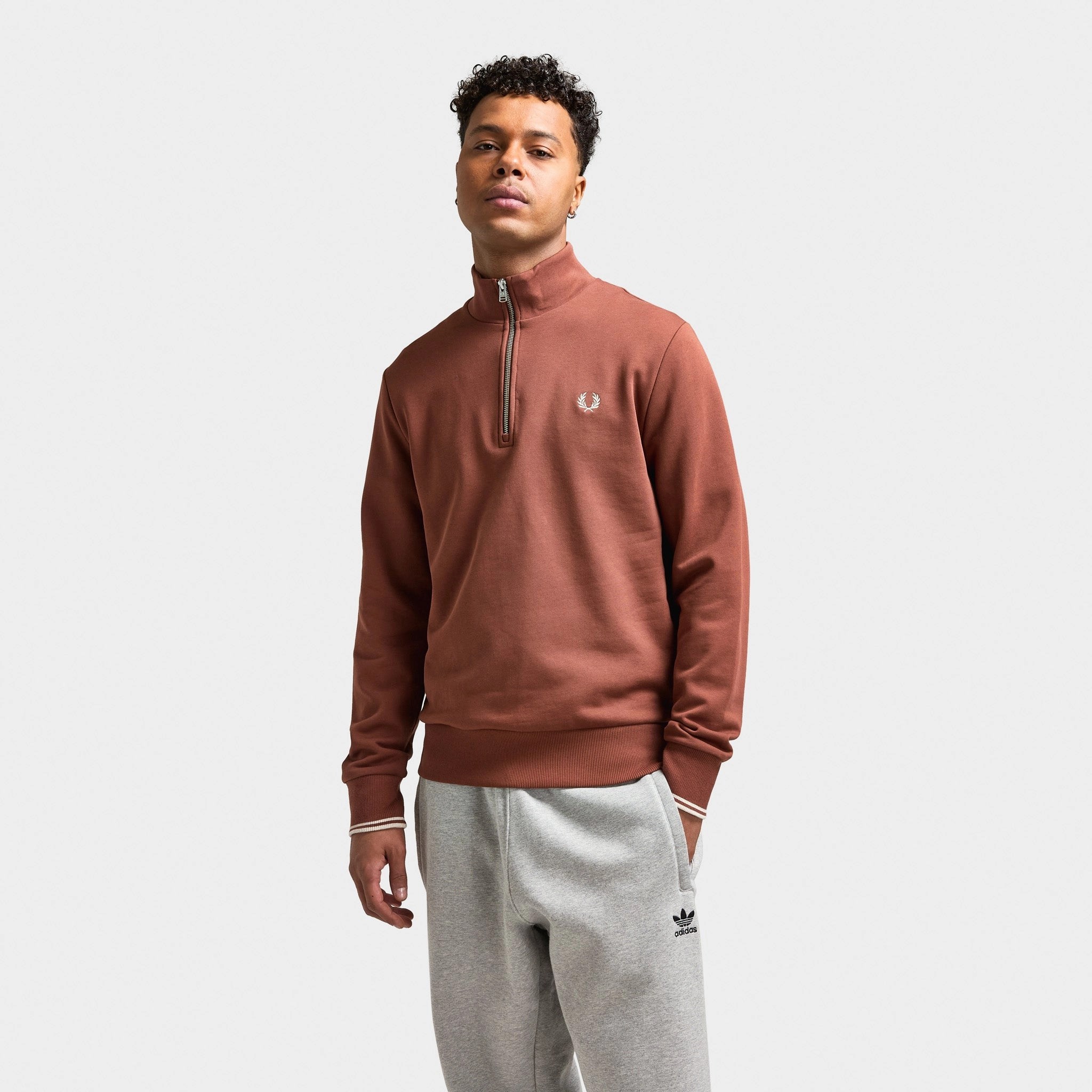 Fred Perry Half Zip Sweatshirt Whiskey Brown / Porridge Marl